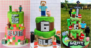 三個Minecraft生日蛋糕，帶有像素角色和方塊裝飾，送給Evie Ale和Mert。 — 生日蛋糕 壁紙
