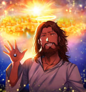 動漫耶穌帶有光環，在宇宙日落背景下含淚微笑。