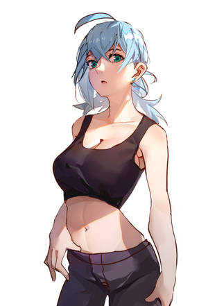藍髮綠眼動漫女孩，黑色露臍上衣和牛仔褲。