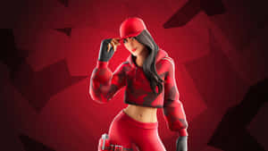 Fortnite角色穿著紅色迷彩服裝，手放在帽子上擺姿勢。