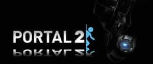Portal 2 遊戲標誌，帶有藍色傳送門和機械炮塔頭，背景為黑色。