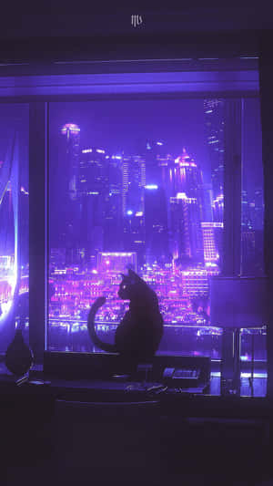 一隻貓在夜晚從窗戶看著發光的紫色城市。