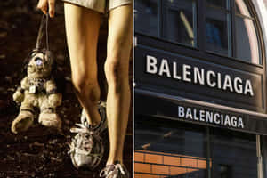 一個人帶著破舊的泰迪熊走過 Balenciaga 商店。