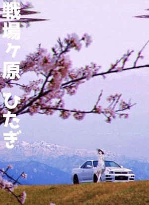 白衣女子、白色跑車、櫻花、山峰