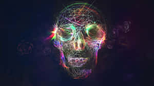 霓虹線框骷髏頭，在宇宙黑暗中帶有發光軌跡和深色玫瑰。