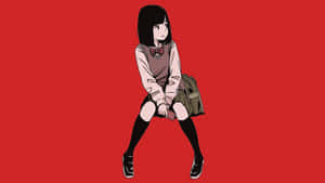 動漫女學生穿著校服盤腿坐著，手持電話，背景為紅色