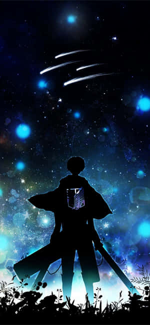 動漫戰士剪影在流星閃爍的星空下持劍。