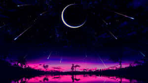 一個人的剪影站在發光的湖邊，在星空下，有流星。 — 可愛動漫 壁紙
