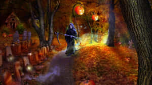死神走過秋季墓地，有發光的南瓜和墓碑。 — 萬聖節恐怖 壁紙