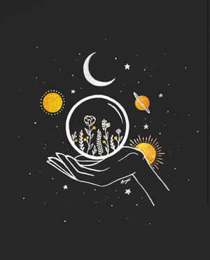 手裡拿著一個玻璃圓頂，裡面有花朵，在星空下，有月亮和太陽。
