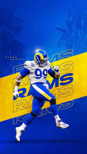 NFL球員亞倫·唐納德身穿公羊隊球衣在藍黃圖形設計中奔跑。