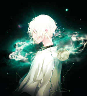 白髮動漫男孩在宇宙空間中，有綠色星雲和月亮