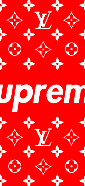 紅色背景，帶有白色Louis Vuitton字母組合和Supreme標誌圖案。