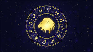 金色獅子座生肖符號，搭配占星學標誌，襯以繁星點點的夜空。
