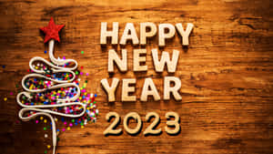 新年快樂2023文字和閃亮樹木在木質背景上 — 新年動畫 壁紙