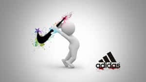 白色3D人物在Adidas標誌附近用彩色飛濺繪畫Nike勾號。