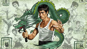 李小龍以武術姿勢站立，身後有青龍，背景是復古海報。
