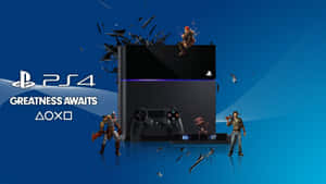 PlayStation 4 主機，遊戲角色在藍色背景上衝破玻璃碎片。