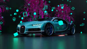 青綠色Bugatti超級跑車被發光的幾何形狀和霓虹粉紅樹木環繞。