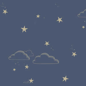 奶油色的星星和雲朵漂浮在深藍色的夜空中。
