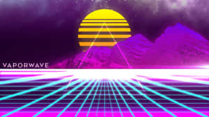 Vaporwave場景，帶有霓虹網格、紫色山脈和條紋太陽。