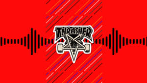 Thrasher雜誌標誌居中於紅色背景上，帶有音頻波形和彩色對角線條。