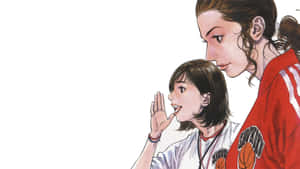 兩個動漫女孩穿著籃球制服一起耳語。