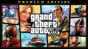 Grand Theft Auto V 遊戲封面，以漫畫面板展示角色、車輛和武器。