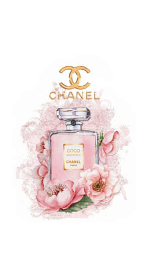 Chanel Coco Mademoiselle 香水瓶搭配粉紅色花朵的水彩設計。 — iPhone 8 壁紙
