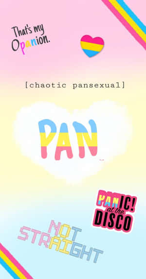 Panic! at the Disco樂隊標誌，帶有泛性戀驕傲心形和漸變背景上的彩虹文字。