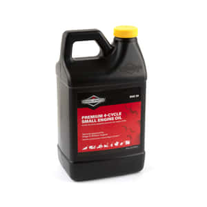 黑色壺裝 Briggs & Stratton 小型引擎機油，配有紅色標籤和黃色蓋子。 — iPad (A16) 壁紙