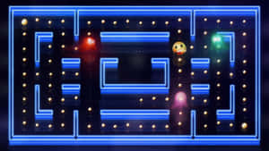經典 Pac-Man 遊戲，帶有發光迷宮和彩色鬼魂。