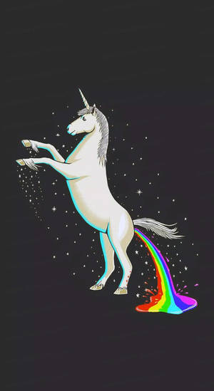 一隻白色獨角獸在黑暗星空背景下留下彩虹糞便痕跡。