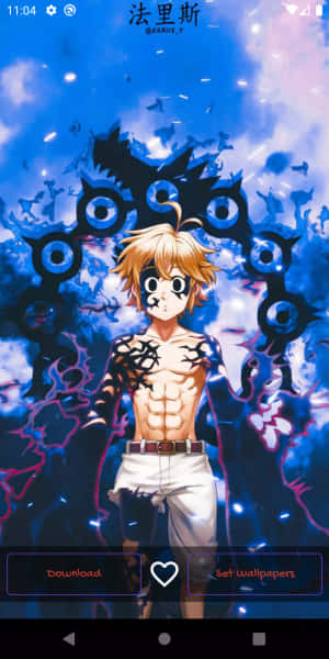 動漫男孩，眼睛發光，帶有紋身，背景是神秘的藍色。