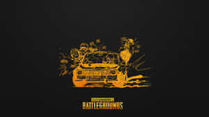PUBG遊戲標誌，深色背景上有一輛破車內的橙色線條藝術士兵。 — Cia標誌 壁紙