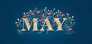 「MAY」呢個字用花同藤蔓裝飾喺藍色背景上。