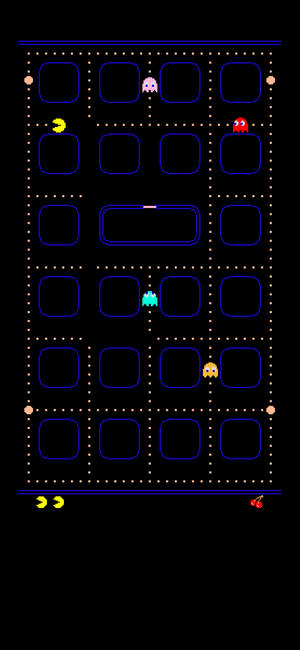 復古 Pacman 遊戲，黃色 Pacman 和四個鬼魂在網格上。