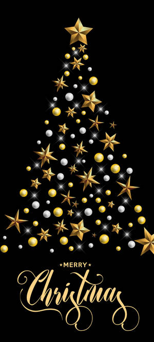 由金色和銀色星星及球體組成的節日聖誕樹，帶有「Merry Christmas」文字。