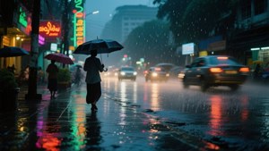 一個人在霓虹燈下撐傘走在濕漉漉的街道上
