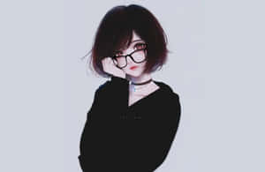 戴眼鏡短髮的動漫女孩手托下巴。 — 可愛動漫女仔 壁紙