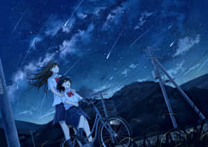 兩個穿著校服的女孩在星空下騎自行車，天空中有流星。