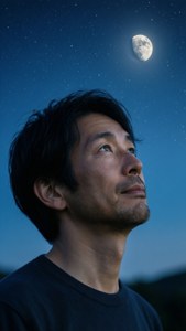 男人在星空下仰望月亮