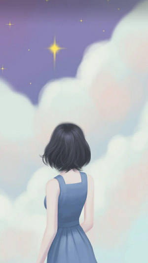 一個穿著藍色連衣裙的女孩透過蓬鬆的雲朵仰望星星。 — 星星 壁紙