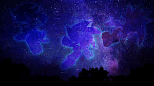 超音鼠的剪影在星空紫色夜空中飛過森林上方。