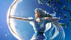 女神弓箭手瞄準發光的月亮，背景是星空和樹枝。