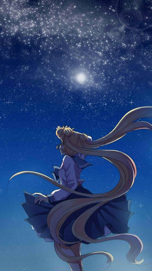 穿著校服的動漫女孩仰望繁星點點的夜空和月亮 — 星星 壁紙