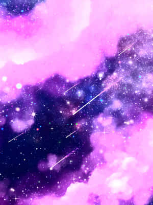 充滿活力的粉紅色和紫色星雲，帶有閃爍的星星和劃過的流星，在宇宙場景中。
