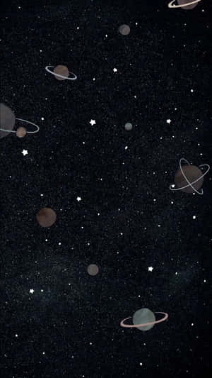 在黑暗的宇宙虛空中漂浮的行星，帶有環和星星。