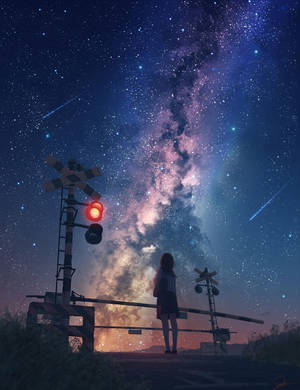 女孩在星空下鐵路平交道口，有紅色信號燈。