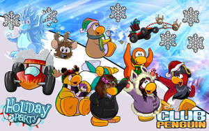 Club Penguin 角色穿著冬季節日服裝，用雪花和賽車慶祝。